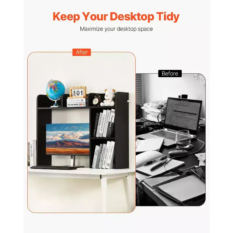 Desktop Bookshelf, 2-Tier Desktop Storage Organizer, 37.2 x 9.5 x 28.9 Office Storage Rack Wood Display Shelf, Black