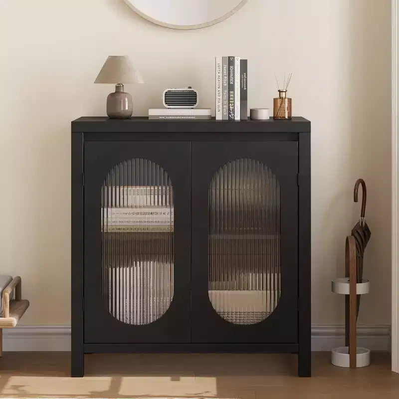 32 Modern Sideboard Cabinet with Glass Doors & Adjustable Shelves - Black Accent Storage for Living Room