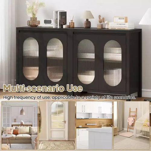 Buffet moderne avec portes en verre et étagères réglables - Meuble de rangement noir pour salon