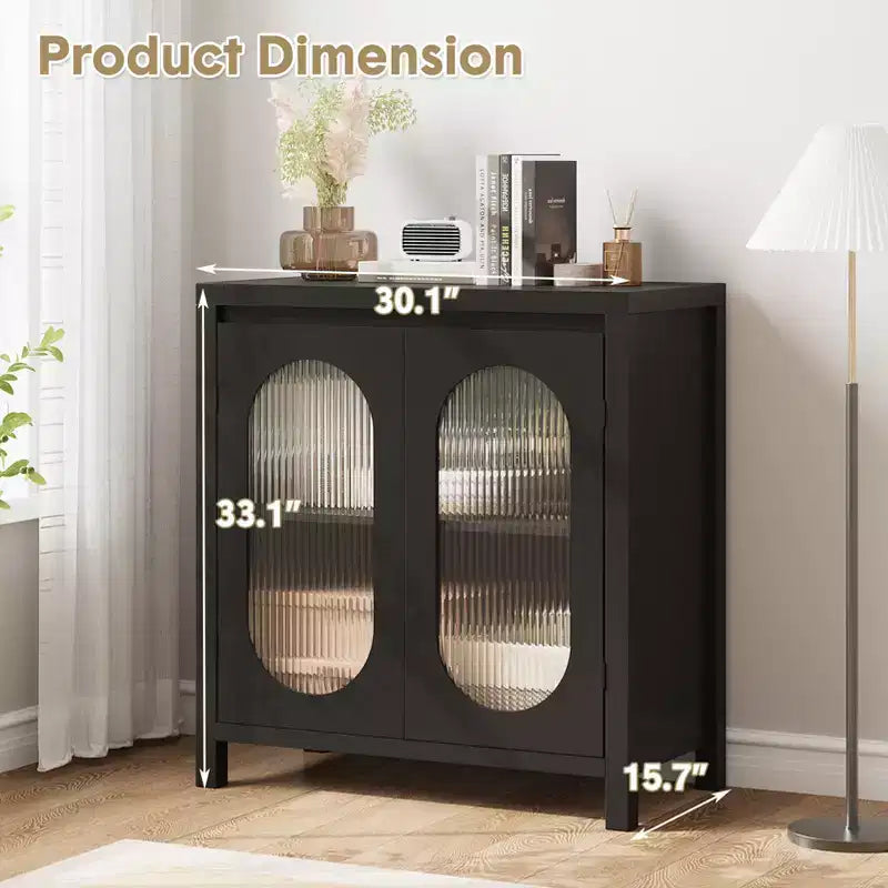 32 Modern Sideboard Cabinet with Glass Doors & Adjustable Shelves - Black Accent Storage for Living Room