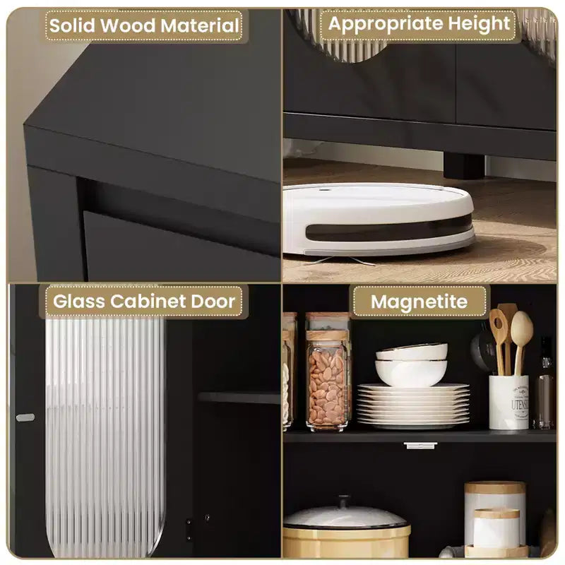 32 Modern Sideboard Cabinet with Glass Doors & Adjustable Shelves - Black Accent Storage for Living Room