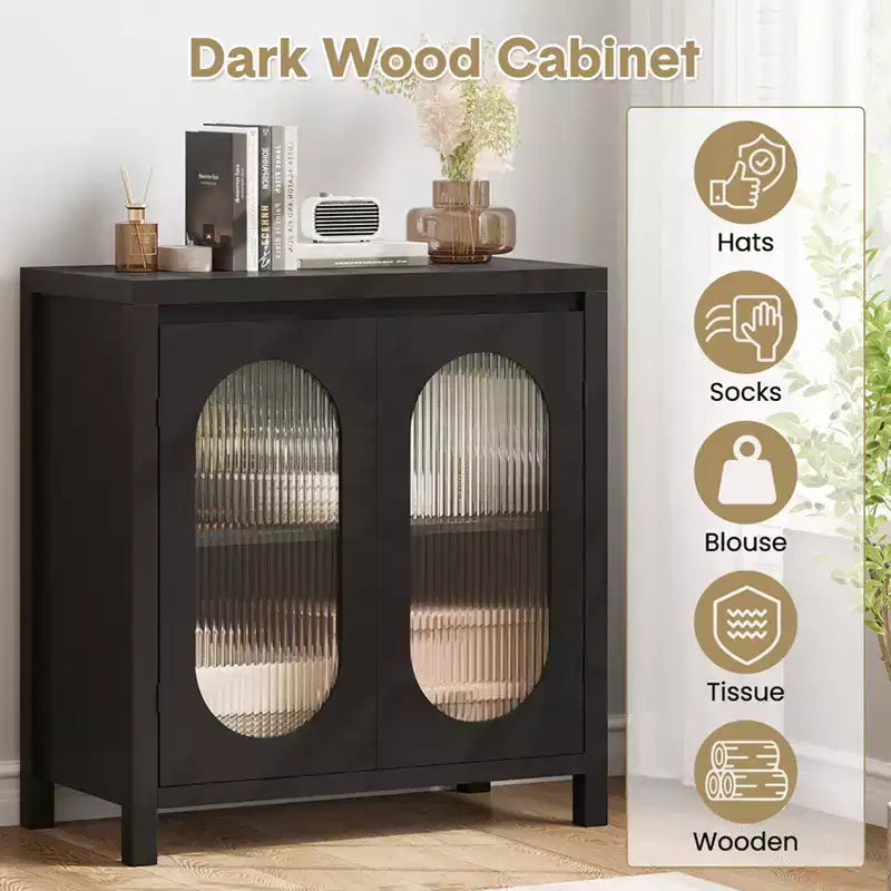 32 Modern Sideboard Cabinet with Glass Doors & Adjustable Shelves - Black Accent Storage for Living Room