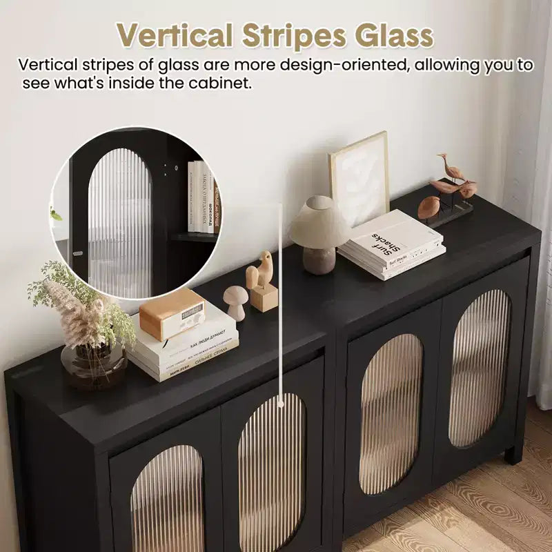 32 Modern Sideboard Cabinet with Glass Doors & Adjustable Shelves - Black Accent Storage for Living Room