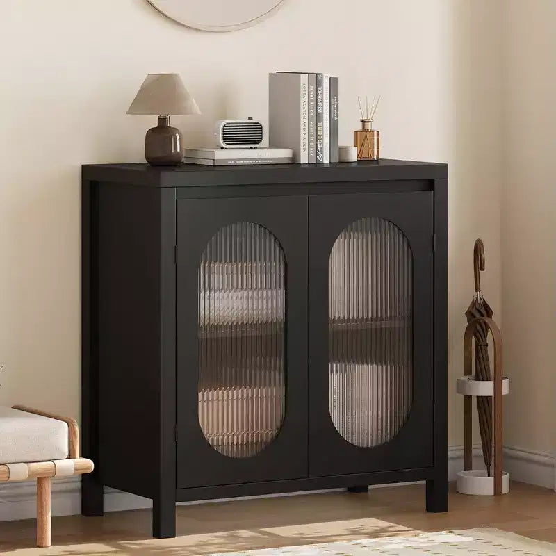 32 Modern Sideboard Cabinet with Glass Doors & Adjustable Shelves - Black Accent Storage for Living Room