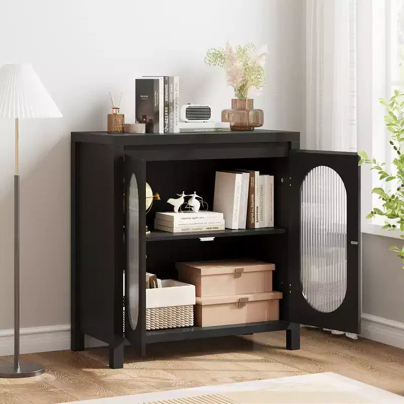 32 Modern Sideboard Cabinet with Glass Doors & Adjustable Shelves - Black Accent Storage for Living Room