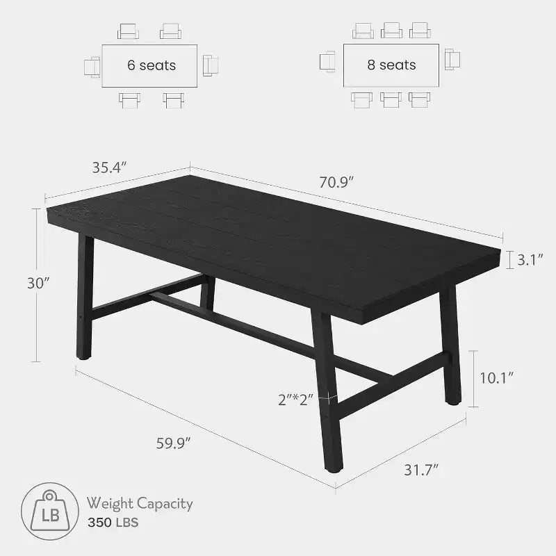70.87 Large Rustic Wood Dining Table for 6, with Sturdy Black Metal Legs, Industrial Rectangle Patio Table for Kitchen, Dining Room
