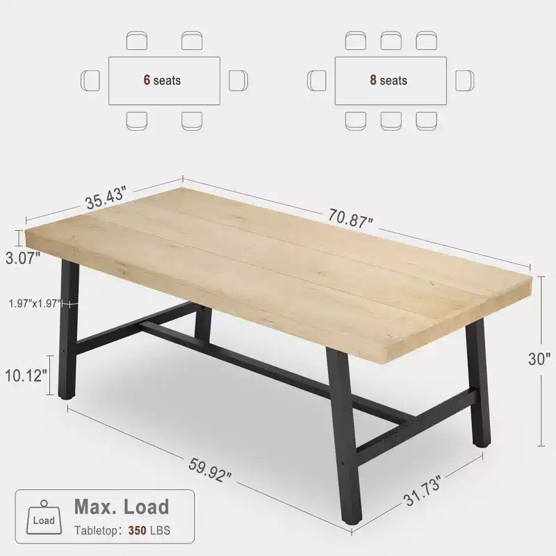 70.87 Large Rustic Wood Dining Table for 6, with Sturdy Black Metal Legs, Industrial Rectangle Patio Table for Kitchen, Dining Room