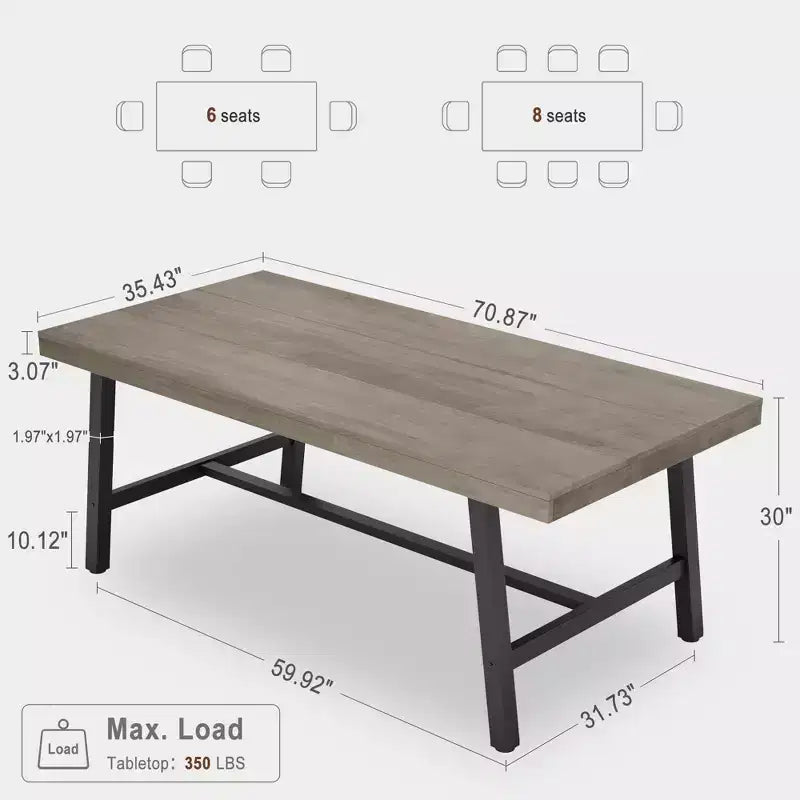 70.87 Large Rustic Wood Dining Table for 6, with Sturdy Black Metal Legs, Industrial Rectangle Patio Table for Kitchen, Dining Room