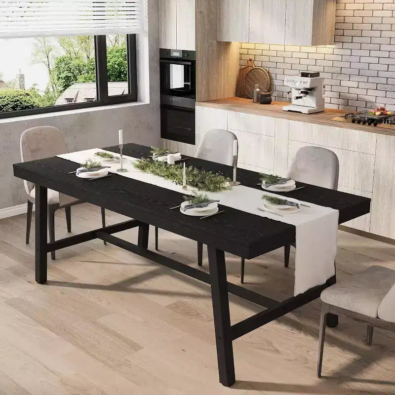 70.87 Large Rustic Wood Dining Table for 6, with Sturdy Black Metal Legs, Industrial Rectangle Patio Table for Kitchen, Dining Room