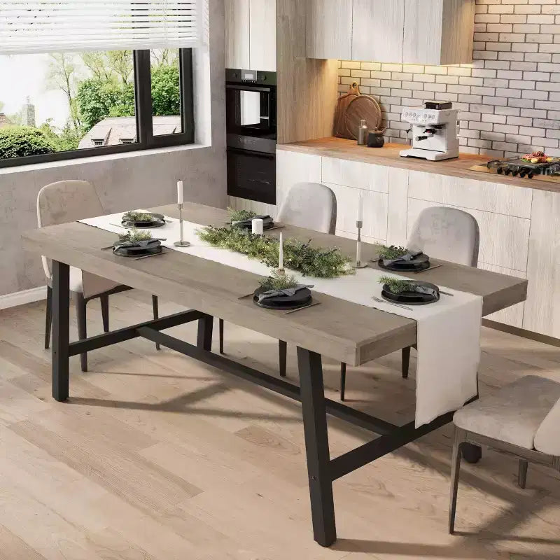 70.87 Large Rustic Wood Dining Table for 6, with Sturdy Black Metal Legs, Industrial Rectangle Patio Table for Kitchen, Dining Room