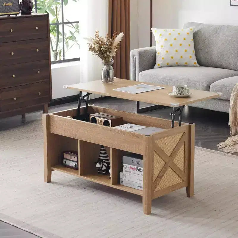 Rectangular Oak-colored Particle Board with Bamboo Rattan Weaving, Extendable and Liftable Coffee Table