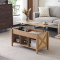Rectangular Oak-colored Particle Board with Bamboo Rattan Weaving, Extendable and Liftable Coffee Table