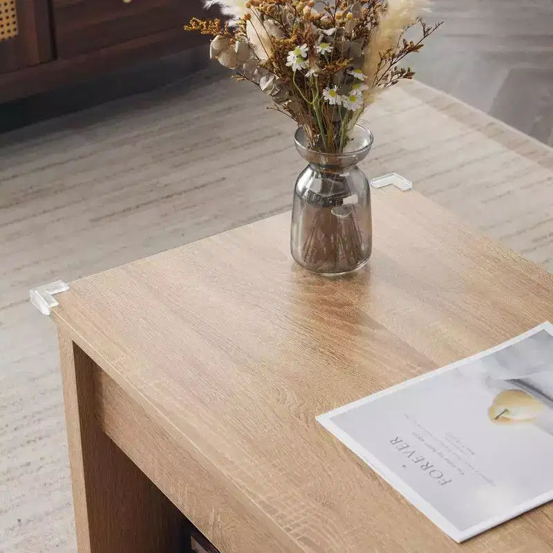 Rectangular Oak-colored Particle Board with Bamboo Rattan Weaving, Extendable and Liftable Coffee Table
