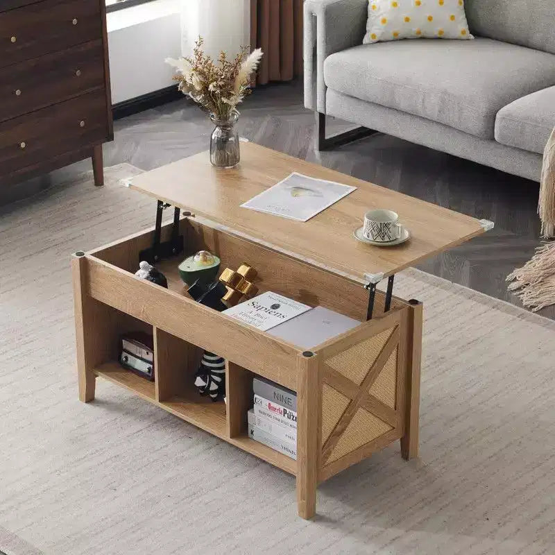 Rectangular Oak-colored Particle Board with Bamboo Rattan Weaving, Extendable and Liftable Coffee Table