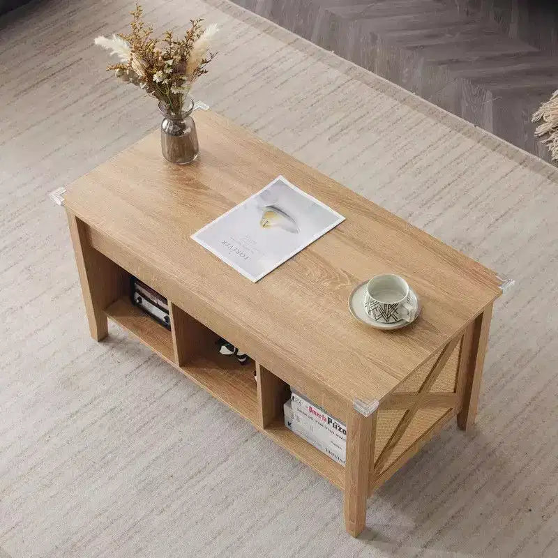 Rectangular Oak-colored Particle Board with Bamboo Rattan Weaving, Extendable and Liftable Coffee Table