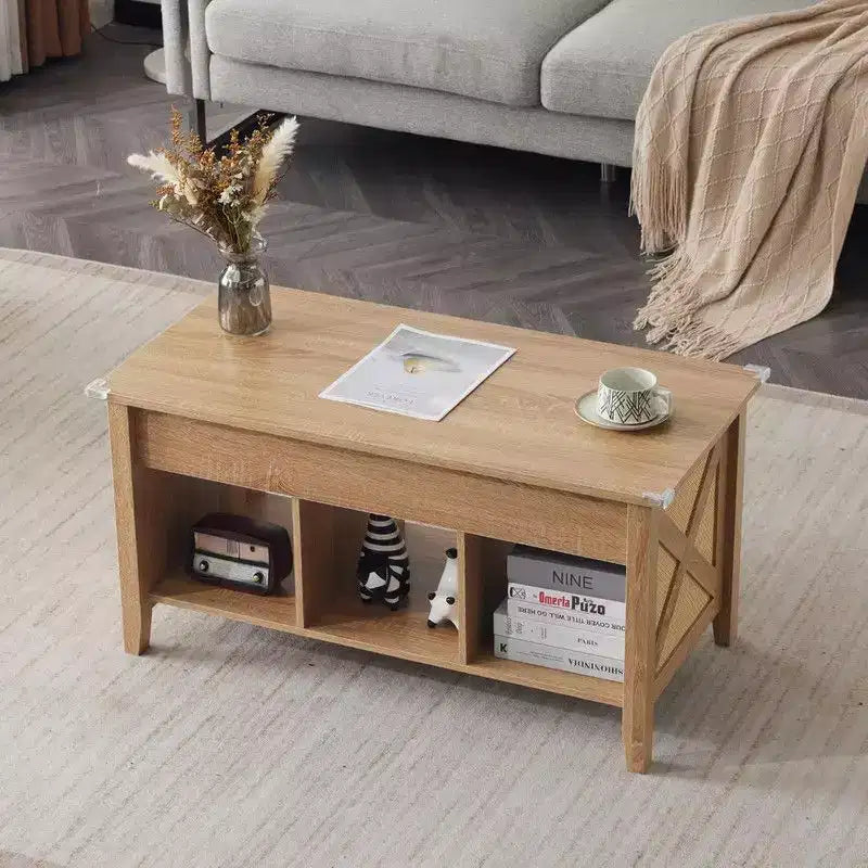 Rectangular Oak-colored Particle Board with Bamboo Rattan Weaving, Extendable and Liftable Coffee Table