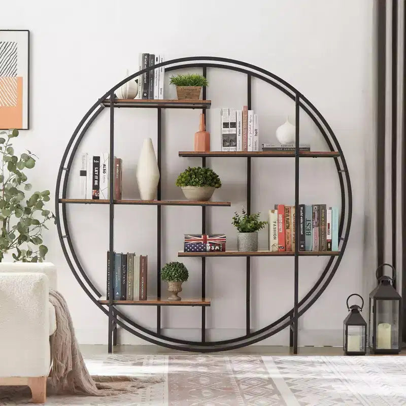 TROPOW Round 5-Tier Metal Plant Stand Bookcase Storage Rack, Indoor Living Room Terrace Garden Balcony Display Stand. Rustic Brown,