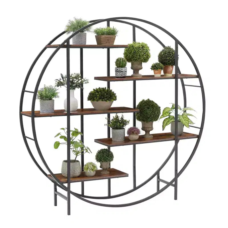Round 5-Tier Metal Plant Stand Bookcase Storage Rack, Indoor Living Room Terrace Garden Balcony Display Stand. Rustic Brown,