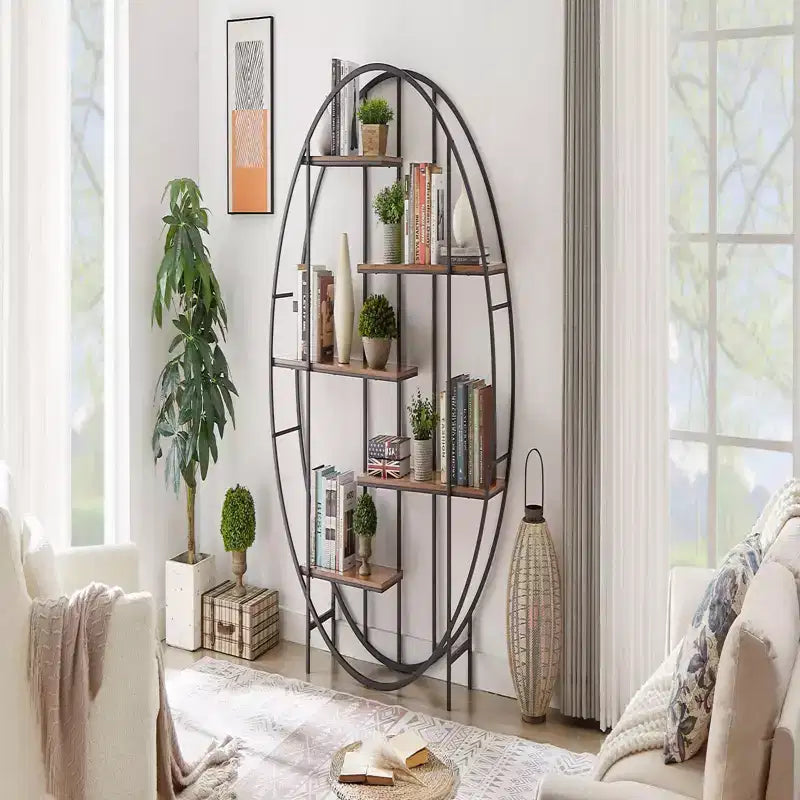 Round 5-Tier Metal Plant Stand Bookcase Storage Rack, Indoor Living Room Terrace Garden Balcony Display Stand. Rustic Brown,