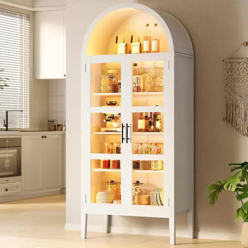 Garvee 60 Arched Pantry Cabinet with Glass Doors, Modern Kitchen Storage Cabinet with Open Shelf, White Cupboard for Dining Room, Living Room