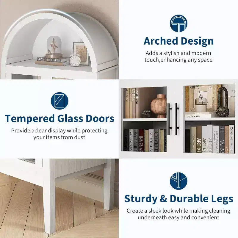60 Arched Pantry Cabinet with Glass Doors, Modern Kitchen Storage Cabinet with Open Shelf, White Cupboard for Dining Room, Living Room