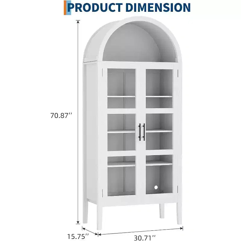 60 Arched Pantry Cabinet with Glass Doors, Modern Kitchen Storage Cabinet with Open Shelf, White Cupboard for Dining Room, Living Room