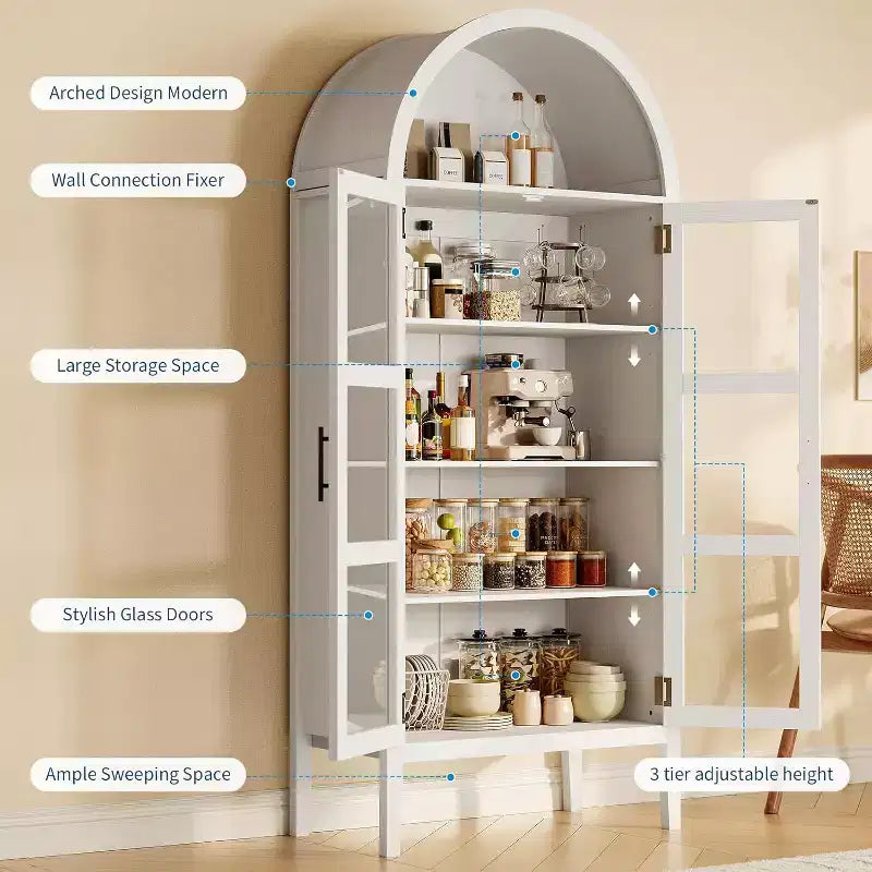 60 Arched Pantry Cabinet with Glass Doors, Modern Kitchen Storage Cabinet with Open Shelf, White Cupboard for Dining Room, Living Room
