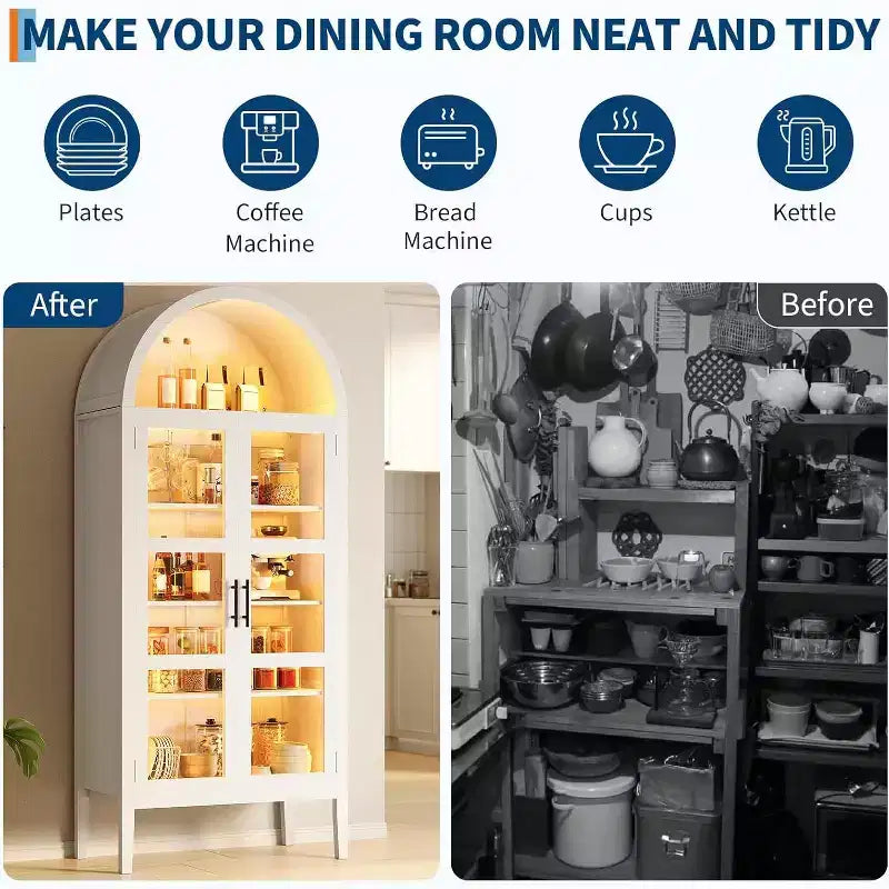 60 Arched Pantry Cabinet with Glass Doors, Modern Kitchen Storage Cabinet with Open Shelf, White Cupboard for Dining Room, Living Room