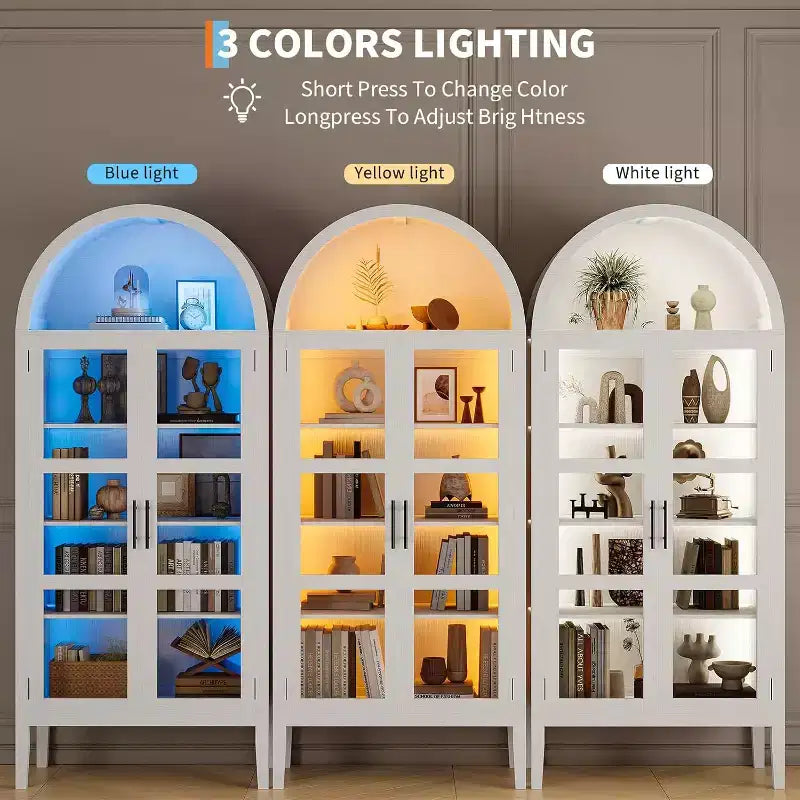 60 Arched Pantry Cabinet with Glass Doors, Modern Kitchen Storage Cabinet with Open Shelf, White Cupboard for Dining Room, Living Room