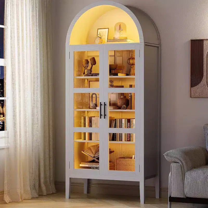 60 Arched Pantry Cabinet with Glass Doors, Modern Kitchen Storage Cabinet with Open Shelf, White Cupboard for Dining Room, Living Room