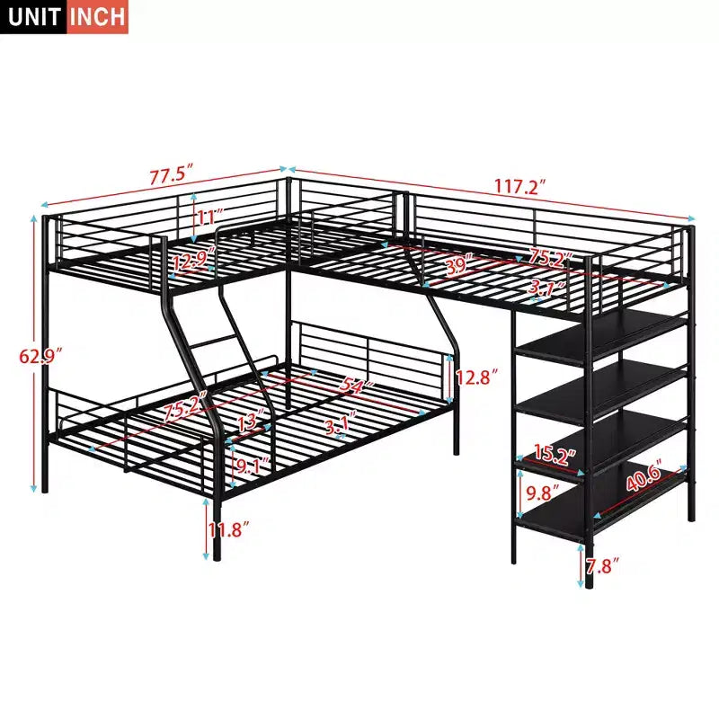 Metal Triple Bunk Bed, L Shaped Bunk Bed for 3 Kids, Twin over Full Bunk Bed and Twin Size Loft Bed with Four Built-in Shelves, Black