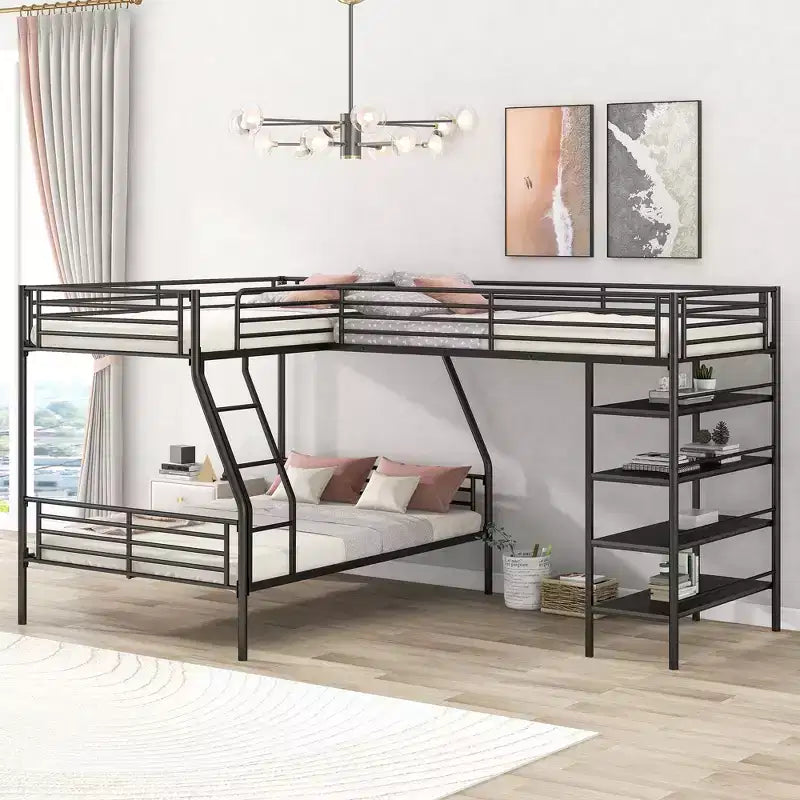 Metal Triple Bunk Bed, L Shaped Bunk Bed for 3 Kids, Twin over Full Bunk Bed and Twin Size Loft Bed with Four Built-in Shelves, Black