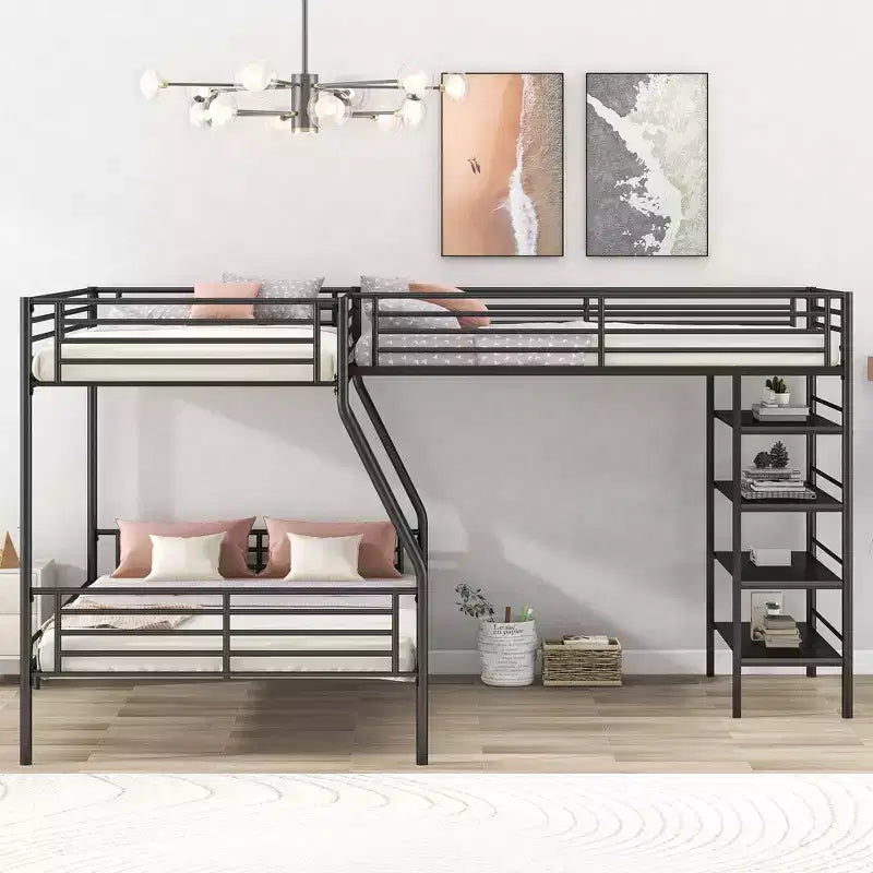 Metal Triple Bunk Bed, L Shaped Bunk Bed for 3 Kids, Twin over Full Bunk Bed and Twin Size Loft Bed with Four Built-in Shelves, Black