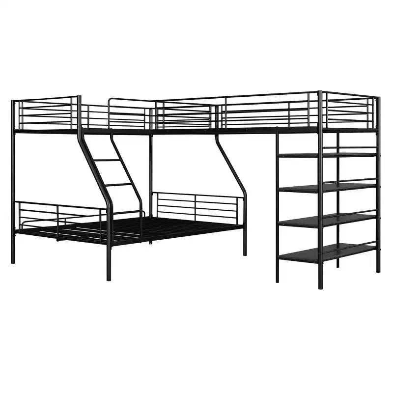 Metal Triple Bunk Bed, L Shaped Bunk Bed for 3 Kids, Twin over Full Bunk Bed and Twin Size Loft Bed with Four Built-in Shelves, Black
