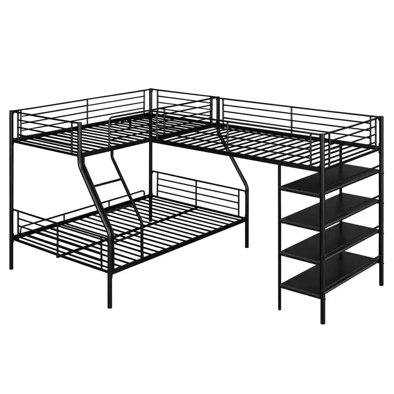 Metal Triple Bunk Bed, L Shaped Bunk Bed for 3 Kids, Twin over Full Bunk Bed and Twin Size Loft Bed with Four Built-in Shelves, Black