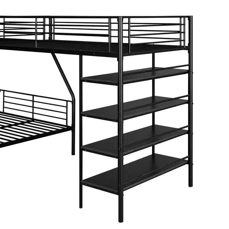 Metal Triple Bunk Bed, L Shaped Bunk Bed for 3 Kids, Twin over Full Bunk Bed and Twin Size Loft Bed with Four Built-in Shelves, Black