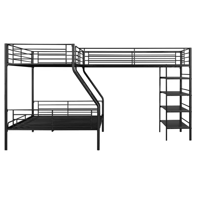Metal Triple Bunk Bed, L Shaped Bunk Bed for 3 Kids, Twin over Full Bunk Bed and Twin Size Loft Bed with Four Built-in Shelves, Black