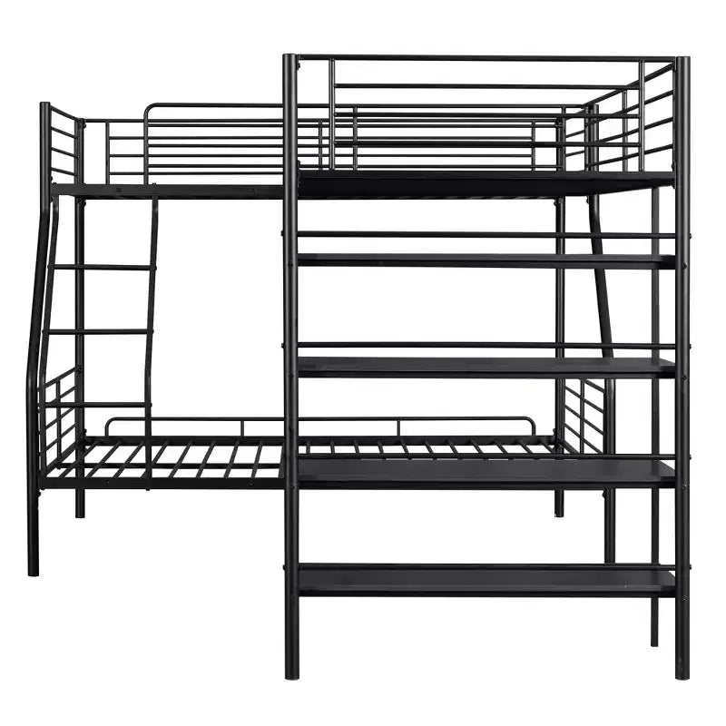 Metal Triple Bunk Bed, L Shaped Bunk Bed for 3 Kids, Twin over Full Bunk Bed and Twin Size Loft Bed with Four Built-in Shelves, Black