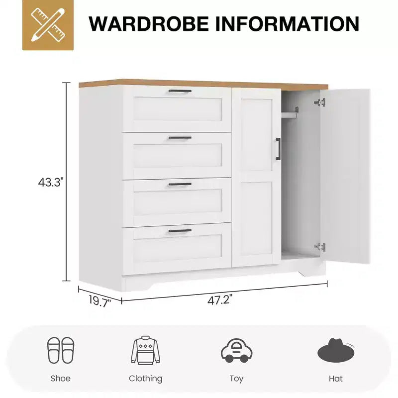 43.3'' Multifunctional Wooden Dresser, Low Storage Cabinet for Bedroom, 2 Door Wardrobe Armoire Closet with 4 Drawers and Hanging Rod