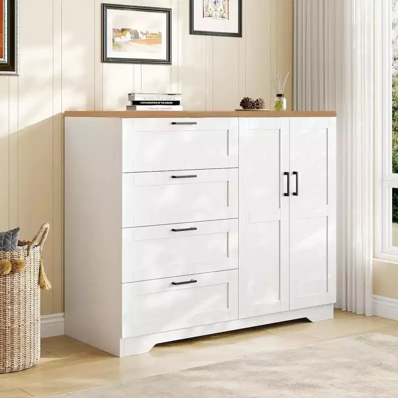 43.3'' Multifunctional Wooden Dresser, Low Storage Cabinet for Bedroom, 2 Door Wardrobe Armoire Closet with 4 Drawers and Hanging Rod