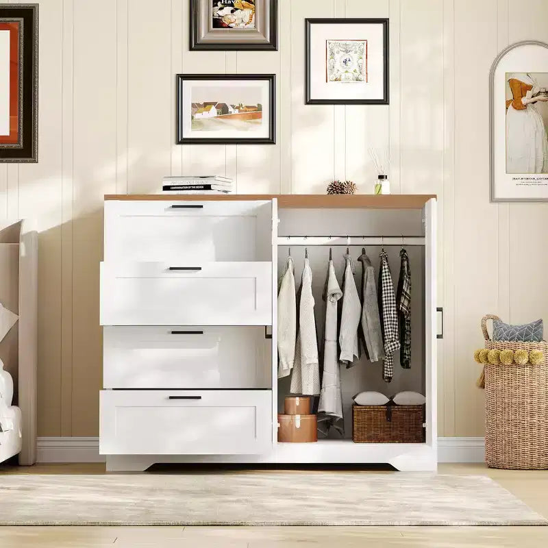 43.3'' Multifunctional Wooden Dresser, Low Storage Cabinet for Bedroom, 2 Door Wardrobe Armoire Closet with 4 Drawers and Hanging Rod
