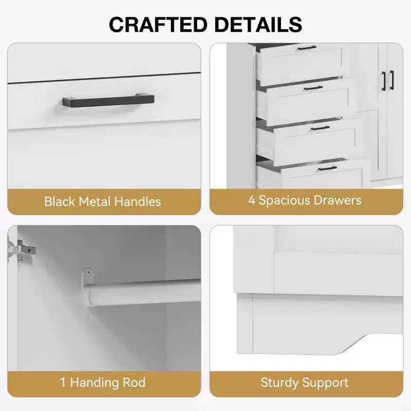 43.3'' Multifunctional Wooden Dresser, Low Storage Cabinet for Bedroom, 2 Door Wardrobe Armoire Closet with 4 Drawers and Hanging Rod