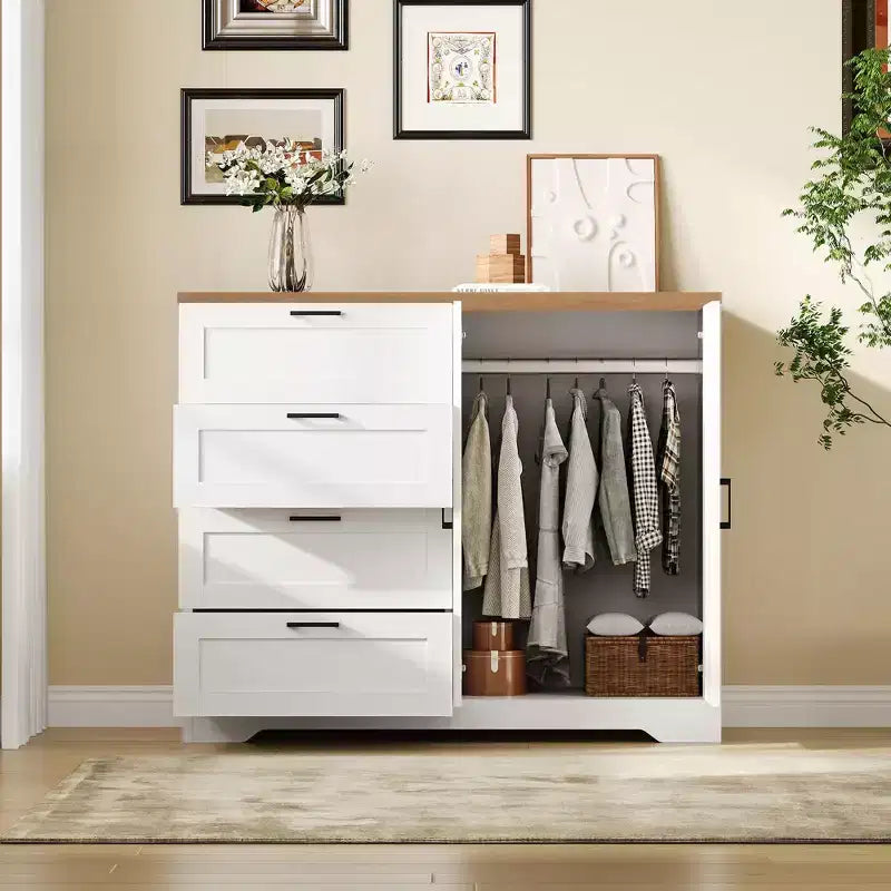 43.3'' Multifunctional Wooden Dresser, Low Storage Cabinet for Bedroom, 2 Door Wardrobe Armoire Closet with 4 Drawers and Hanging Rod