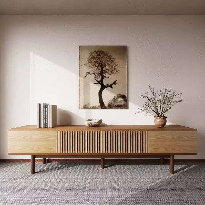 Mid-Century Modern 86.6 Solid Wood TV Stand, Media Console with Storage Space, Natural Color