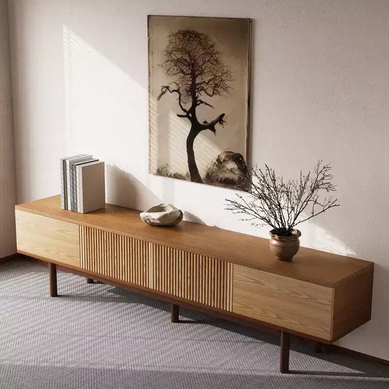 Mid-Century Modern 86.6 Solid Wood TV Stand, Media Console with Storage Space, Natural Color