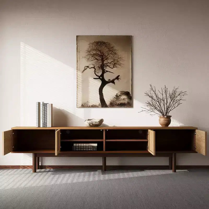 Mid-Century Modern 86.6 Solid Wood TV Stand, Media Console with Storage Space, Natural Color