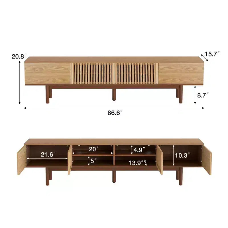 Mid-Century Modern 86.6 Solid Wood TV Stand, Media Console with Storage Space, Natural Color