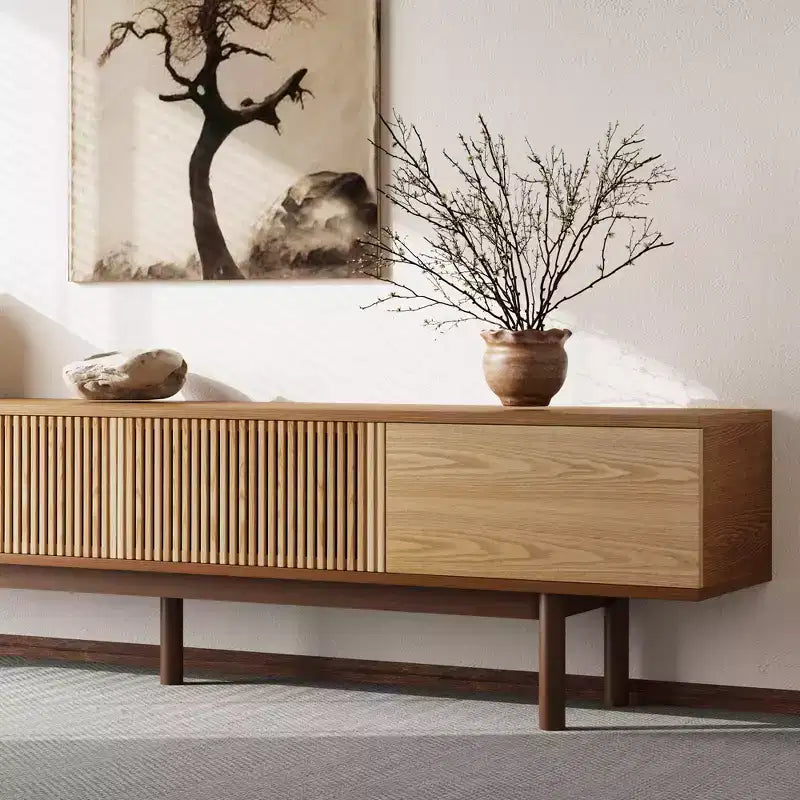 Mid-Century Modern 86.6 Solid Wood TV Stand, Media Console with Storage Space, Natural Color