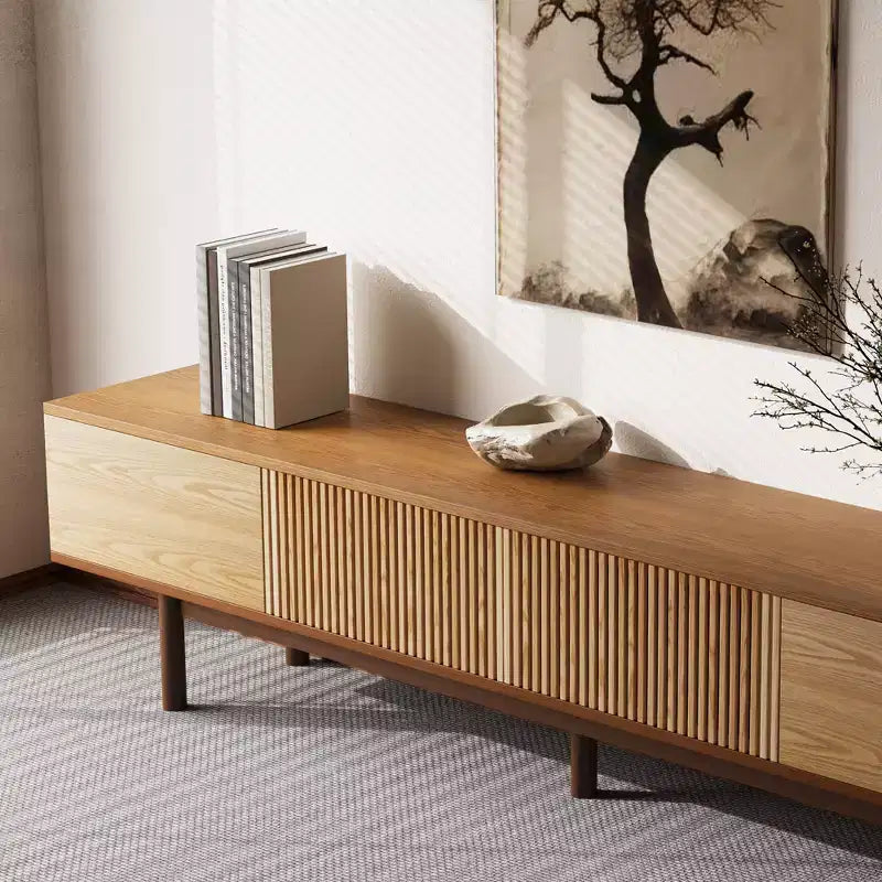 Mid-Century Modern 86.6 Solid Wood TV Stand, Media Console with Storage Space, Natural Color