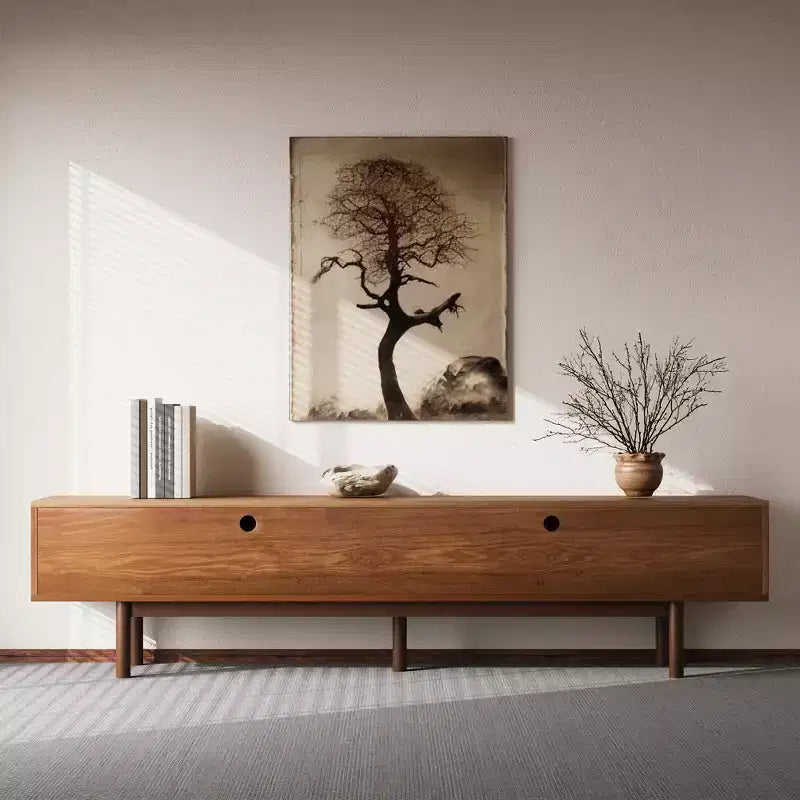 Mid-Century Modern 86.6 Solid Wood TV Stand, Media Console with Storage Space, Natural Color